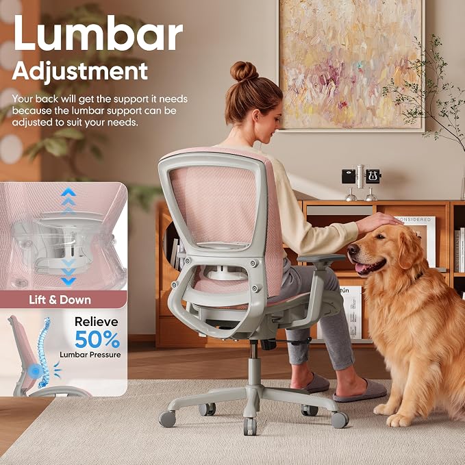ELABEST Mesh Office Chair,Ergonomic Computer Desk Chair,Sturdy Task Chair- Adjustable Lumbar Support & Armrests,Tilt Function,Comfort Wide Seat,Swivel Home Office Chair (Pink)