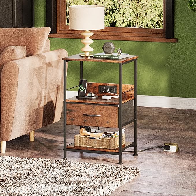 WLIVE Night Stand with Charging Station, LED Nightstand with Fabric Drawer and Open Shelf, Small Bedside Table for Bedroom, Dorm, Small Space, Rustic Brown
