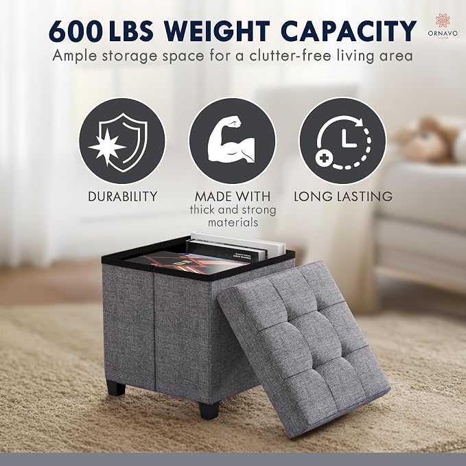Ornavo Home Storage Ottoman with Legs, Square Cube Foot Rest Stool Seat, for Living Room, Bedroom, Home Office, Dorm - 15 x 15 x 15, Gray