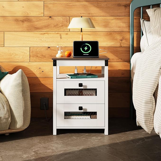 WLIVE Nightstand with Charging Station, Farmhouse End Table, Bed Side Table with 2 Storage Drawers and Open Shelf, Wood Rustic Nightstands for Bedroom, White
