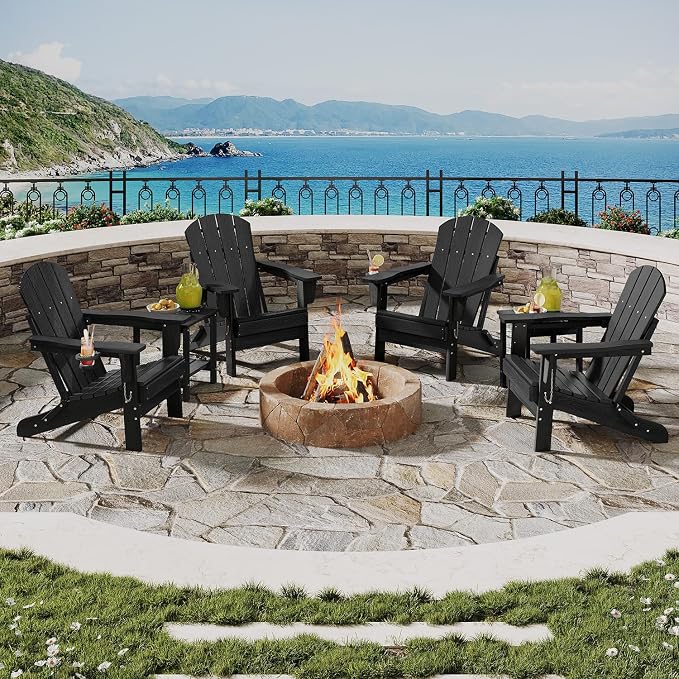 GarveeLife Folding Adirondack Chair Set of 2 with Side Table, All-Weather HDPE Outdoor Chair, Wooden Textured with Cup Holder for patios, Decks, Gardens, fire pits, Black