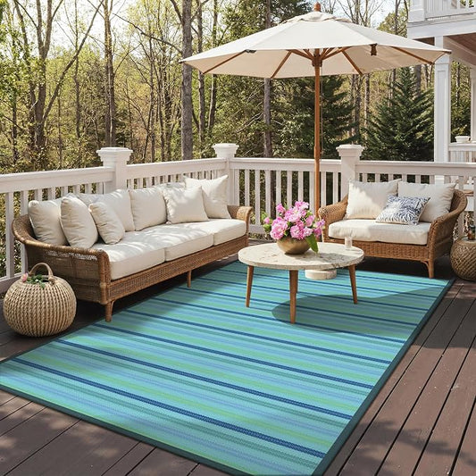 GENIMO Outdoor Rug for Patio Clearance, 6'x9' Reversible Plastic Straw Rugs, Lightweight Waterproof RV Camping Mat for Camper, Balcony, Deck, Backyard, Picnic, LightBlue