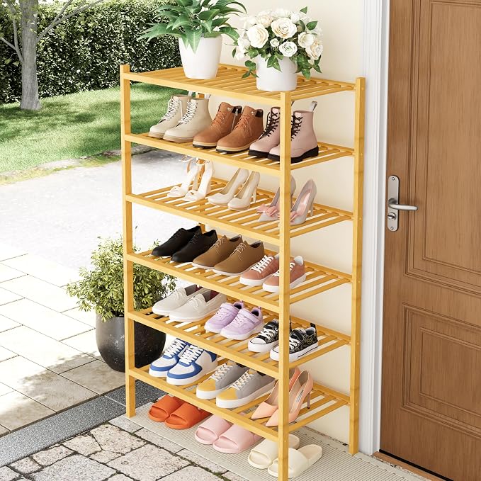 Smiry Bamboo Shoe Rack, 6 Tier Free Standing Wooden Shoe Organizer, Stackable Wood Shoe Storage Shelf for Closet, Entryway, 14 Vertical Slats, 2+2+2 Stack Heavy-Duty Legs, 26.8"x11"x39", Natural