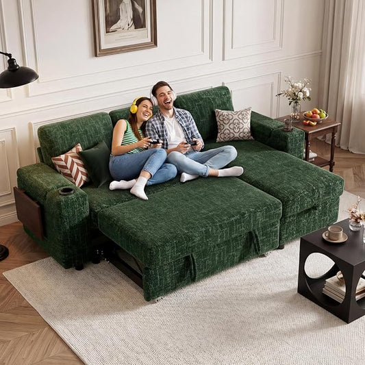 Vipbear Premium 86" Modular Sectional Chenille Sleeper Sofa, 3 Seat Sleeper Sofa with Pull Out Bed, L Shaped Couch with USB Ports|Storage Armrests&Chaise|Cup Holders| Side Table, Green