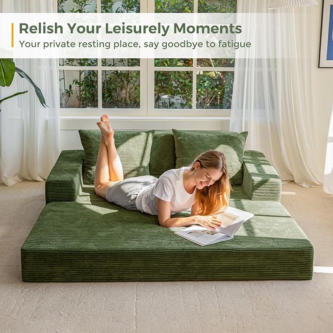 MAXYOYO Loveseat Sofa Bed, 64" Foldable Floor Sofa Couch in A Box with 2 Cup Holders, 4 in 1 Convertible Boneless Couch Folding Recliner Chair for Living Room, No Assembly Required, Green