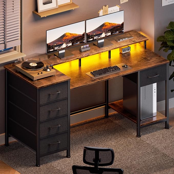 Korfile 47 Inch Gaming Desk with Power Outlets and LED Lights, Reversible Computer Desk with 5 Fabric Storage Drawers, Home Office Desk with Monitor Stand for Working Writing Study, Rustic Brown