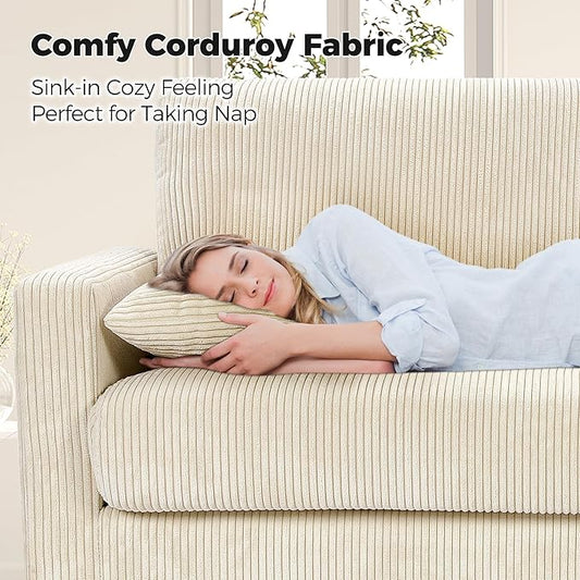 70in Corduroy Couch, Kidirect Sofa No Tool Assembly, Comfy Couches for Living Room 21in Deeper Seats, Corduroy Sofas for Living Room with 2 Pillows, Oversized Loveseat Sofa, Boho Love Seat Beige Couch