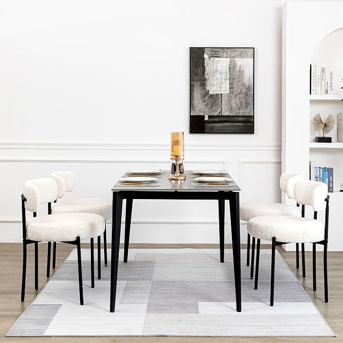 DYHOME White Boucle Dining Chairs Set of 2, Mid Century Modern Kitchen Chairs, Upholstered Dining Room Chairs with Curved Backrest and Black Metal Legs