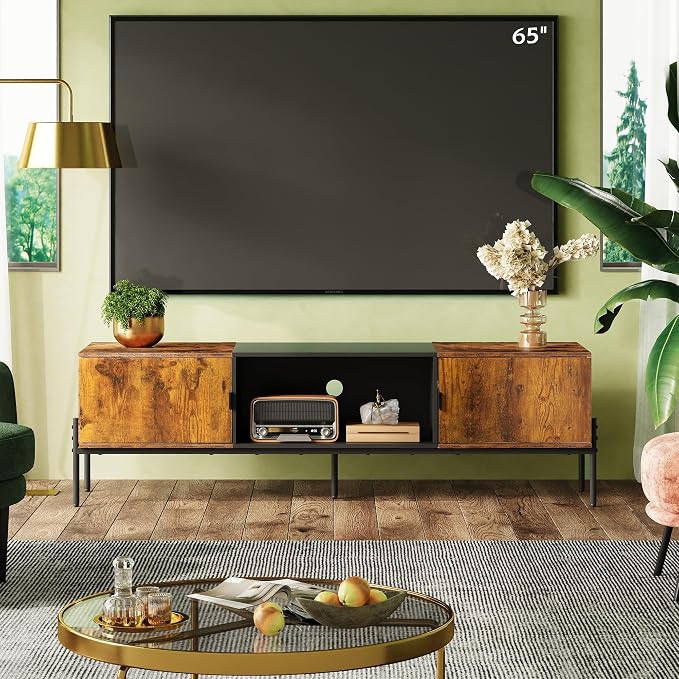 WLIVE 58" TV Stand for 65 Inch TVs, Mid Century Modern Entertainment Center with 2 Storage Cabinets & Open Shelf, Media Console Table with Metal Legs for Living Room, Bedroom, Rustic Brown