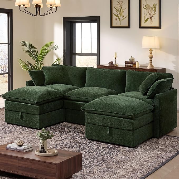Ihanherry 103” Modular Sectional Sofa with Storage, U Shaped Cloud Couch with Movable Ottomans & 4 Pillows, Chenille Deep Seat Sectional Couches for Living Room, Apartment (Green)
