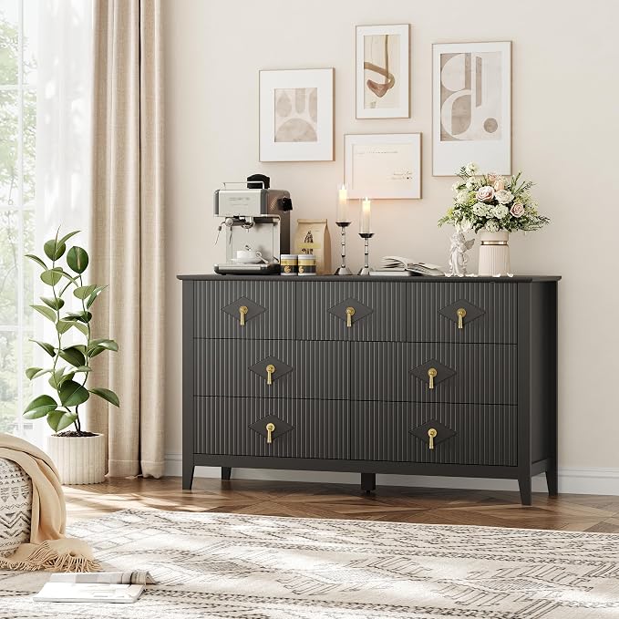 GarveeHome Fluted Dresser for Bedroom, 54 Inch Wide 7-Drawer Wood Dresser, Modern Chest of Drawers, Storage Organizer Cabinet for Living Room, Hallway, Entryway, Black