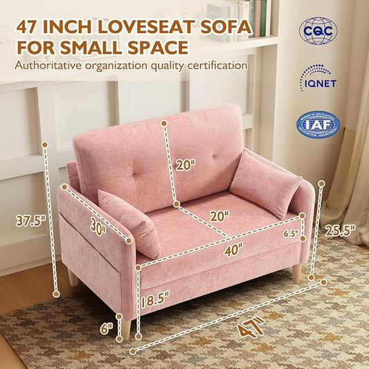 Urhanherry 47" Small Sofa Couch for Bedroom, Soft Chenille loveseat Mini Couch with Throw Pillow and Removable Cushion Cover for Small Spaces, Living Room, Apartment, Dorm, Office(Pink)