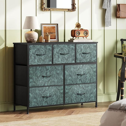 WLIVE 7 Drawer Dresser TV Stand, Entertainment Center, Media Console Table with Metal Frame and Wood Top for TV up to 45 inch, Chest of Drawers for Bedroom, Living Room, Vintage Green