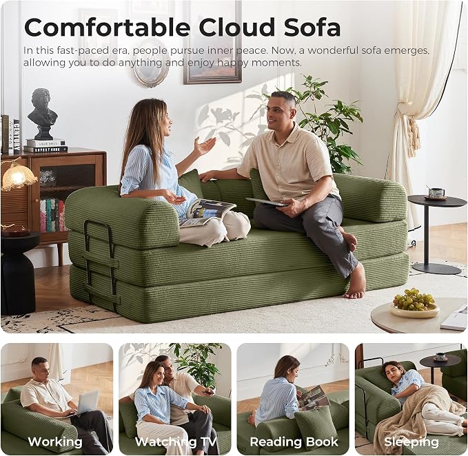 79" 5-in-1 Convertible Sofa Bed No Assembly, Boneless Couch Bed with High Density Foam, Foldable Sleeper Sofa, Corduroy Modular Couch for Apartment, Studio, Dorm Room, Small Space, Light Green