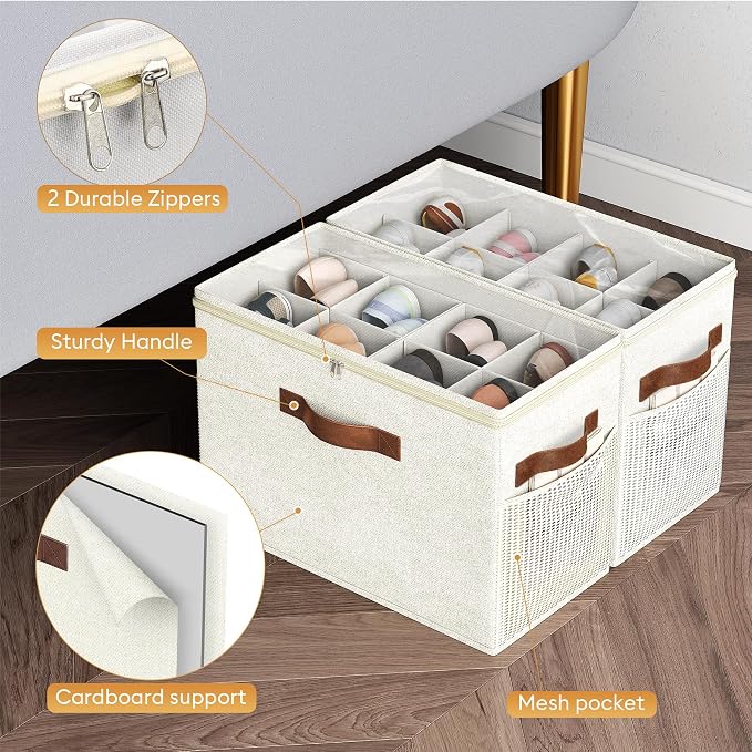 Budding Joy 2 Pack Shoe Organizer for Closet, Clear Foldable Shoe Storage Containers Adjustable Dividers Fits 16 Pairs,Shoe Storage Bins Baskets Boxes with Reinforced Handles Beige | Farbic shoe storage organizer box bin with clear cover, fits up to 16...