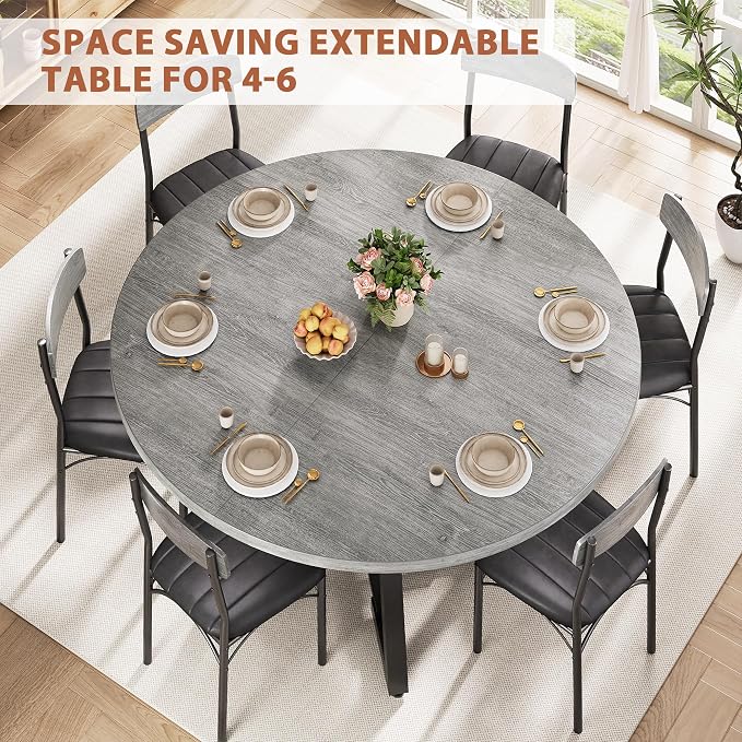 Expandable Kitchen Dining Table for 4-6, Oval Round Dining Table with Storage Shelf and Removable Extension Leaf, Space Saving Pedestal Table for Dining Room, Modern Industrial Style (Grey)