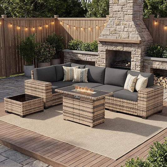 UDPATIO Patio Furniture Set with Fire Pit Table, 8 Inch Armrest Outdoor Sectional Sofas, 8 Piece All-Weather Wicker Conversation for Garden, Backyard