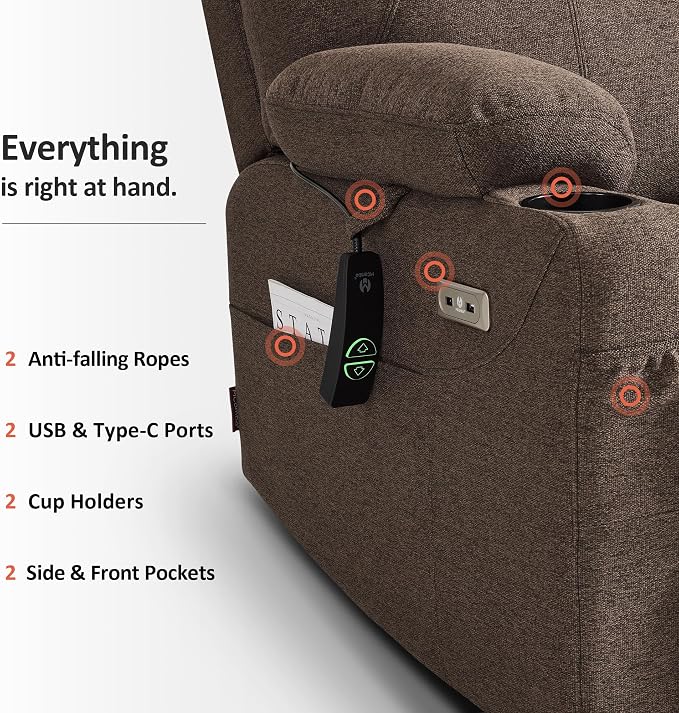 MCombo Power Lift Recliner Chair for Elderly R7042(Brown, Small-Wide) | Heat and Massage, USB& Type C Charging Port, FSC Certified