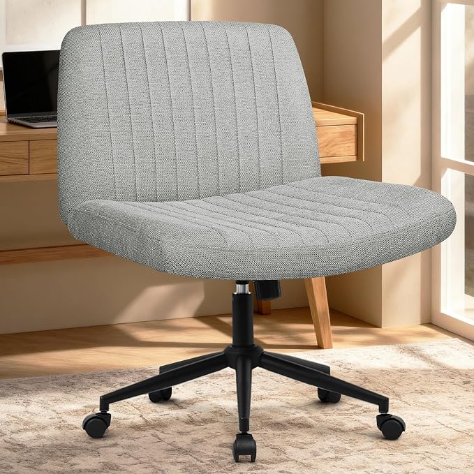 Orange Factory Criss Cross Chair Wheels Wide Cross Legged Office Desk Vanity Dual Base Comfy Fabric Armless Adjustable Swivel for Home Computer Task (Grey Dual Base, Fabric)