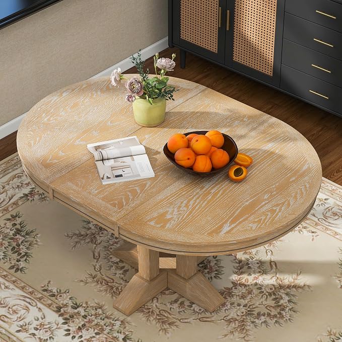 LUMISOL 42"-58" Extendable Round Dining Table for 4-6, Farmhouse Oval Kitchen Table with Removable Leaf for Kitchen, Dining Table, Small Space, Natural