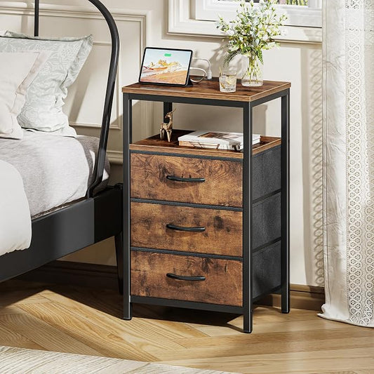 Huuger Nightstands Set of 2, 27.6 Inch End Tables with Charging Station, Fabric Drawers, Bedside Tables with USB Port and Outlet, Night Stands for Bedroom, Rustic Brown