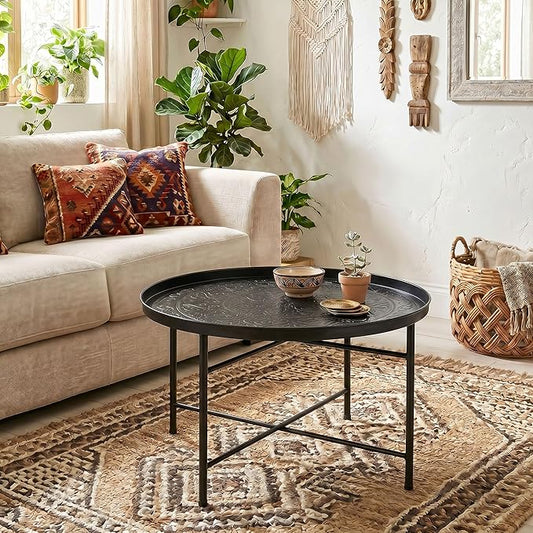 HOMCOM 24" Round Coffee Table with Hammered Tray Top, Vintage Metal Center Table for Living Room, Bedroom, Side Table, Black