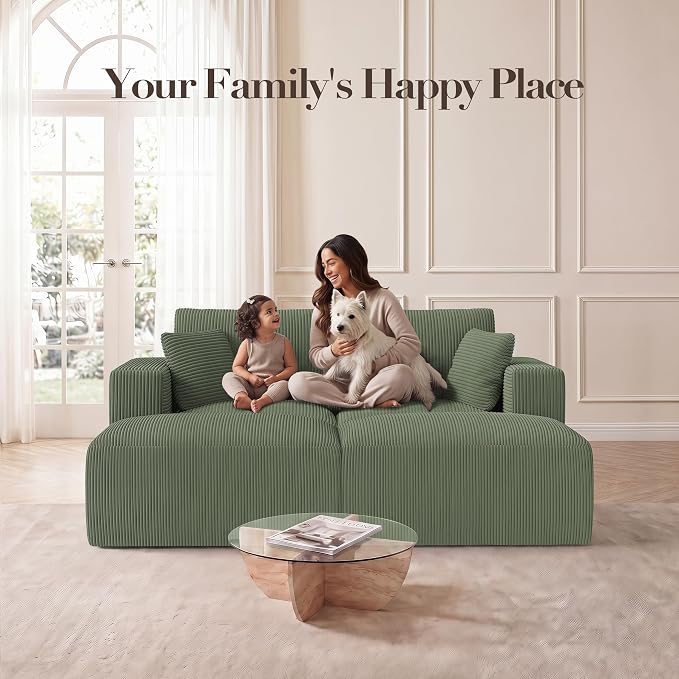Modular Sectional Sofa Bed with Ottoman, 79" Memory Foam Cloud Couch, Boneless Loveseat Corduroy Upholstered Floor Couch, No Assembly Required Living Room Furniture for Apartment Bedroom, Green