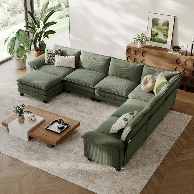 LINSY HOME Modular Sectional Sofa 6 Seat Couch Corduroy Cloud Couch with Deep Seat, Modern C-Shaped Cloud Couch for Living Room, Office, Bedroom, Green