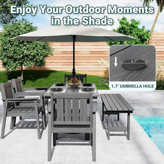 Pamapic 6 PCS Outdoor Dining Set, Spacious HDPE Outdoor Table with 4 Chairs and 1 Bench, Wood Grain Patio Furniture Sets with Elegant Armrest, All-Weather Patio Dining Table with Umbrella Hole, Gray