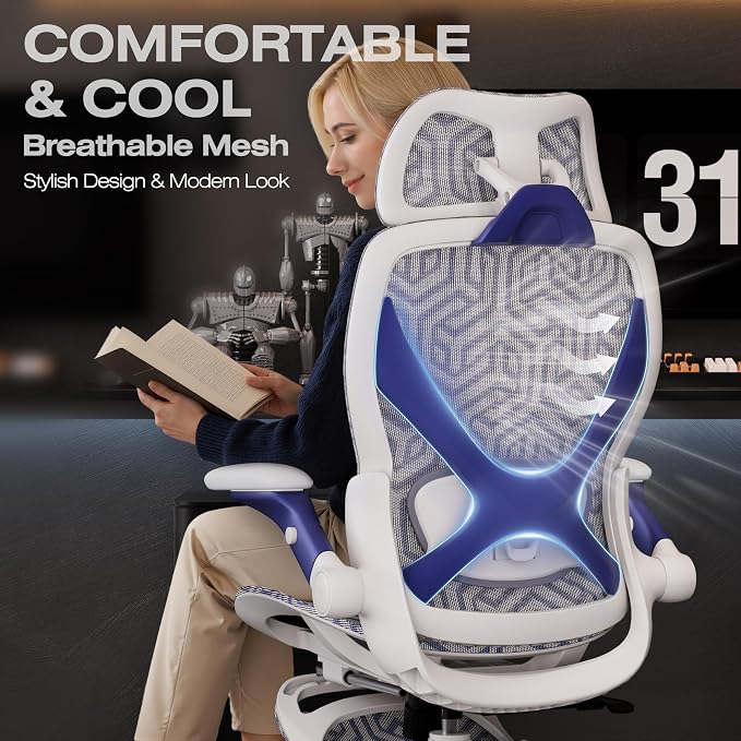 ELABEST X100 Ergonomic Mesh Office Chair with Footrest, Big and Tall Hone Desk Chair with 5D Flip-Up Arms, Adjustable 3D Lumbar Support,Gaming & Executive Computer Chairs (Cybernetic Pulse)
