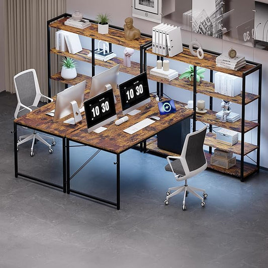 Pamray 49 Inch L Shaped Gaming Computer Desk with Shelves and Storage | Compact Reversible Design with LED Lights & Power Outlets, Suitable for Home Office Bedroom Small Spaces and Dorm Study Work