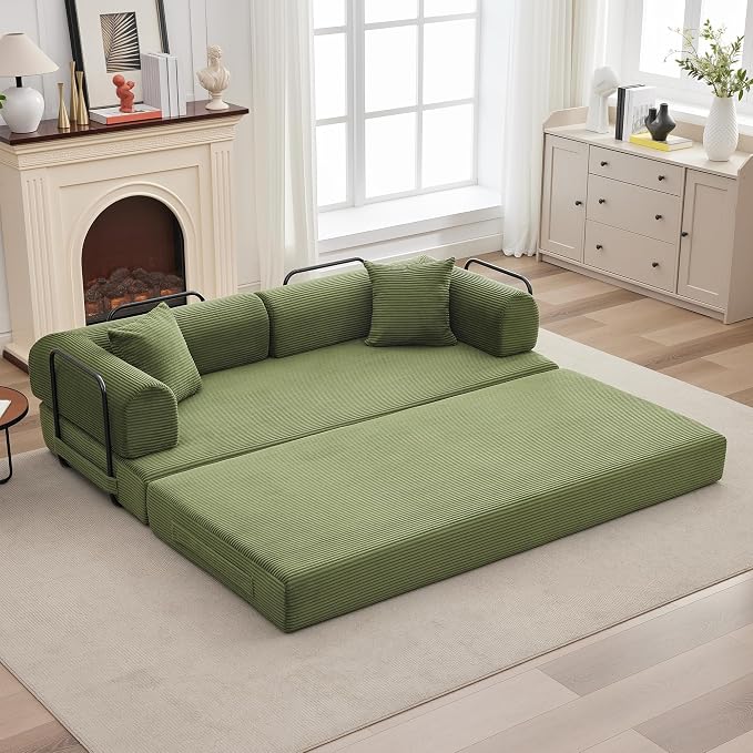 IDEALHOUSE 4 in 1 Convertible Sleeper Sofa Bed Couch, 79 Inch Boneless Corduroy Floor Couch with Pillows, No Assembly, Modern Deep Seat Sofa Futon Mattress for Living Room,Apartment,Green