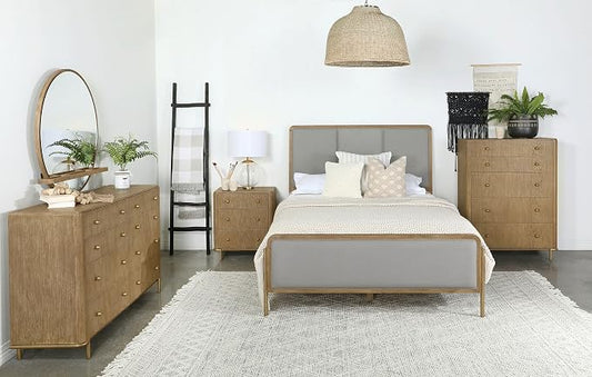 Coaster Home Furnishings Arini Coastal 5-Piece Bedroom Set Fabric Upholstered Queen Size Panel Bed Frame 56-inch Headboard Sand Wash and Grey 224301Q-S5