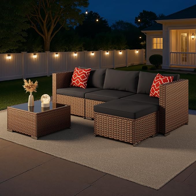 Aiho 5 Pieces Patio Furniture Sets, All-Weather PE Rattan Outdoor Patio Furniture with Cushions and Glass Table, for Garden, Backyard, Porch, Black