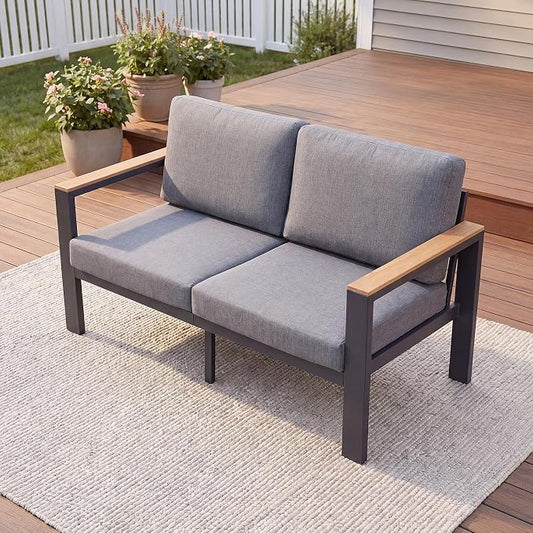 Aluminum Outdoor Loveseat, 2-Seat Patio Furniture Loveseat with 1.5mm Powder-Coated Frame, Anti-Hot Armrest & Waterproof Removable Cushions, Weather Resistant Outdoor Sofa for Backyard Porch Gray