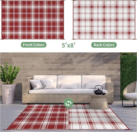 GENIMO Waterproof Outdoor Rug for Patio Clearance, 5'x8' Reversible Plastic Straw Rugs, Lightweight RV Camping Mat for Camper, Balcony, Deck, Backyard, Picnic, Red White Plaid