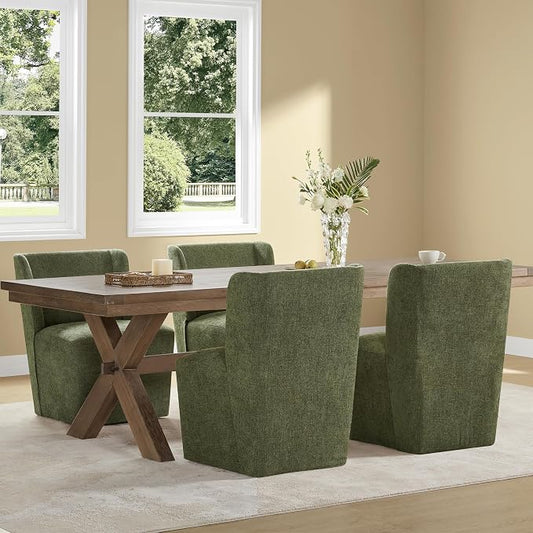 KISLOT Upholstered Dining Chairs Set of 4 with Casters, Wingback Modern Side Armless Deskchair with Rollers for Diningroom Bedroom Livingroom Reading Room, Green Fabric