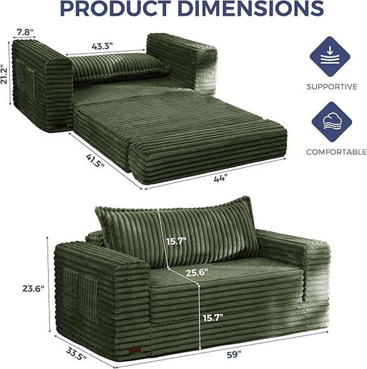 MAXYOYO Convertible Sofa Bed, 2 in 1 Folding Couch Bed for Small Space, Pull Out Loveseat Sofa Couch with Large Back Pillow, Plush Fabric Lounge Couch for Living Room, Apartment, Dark Green