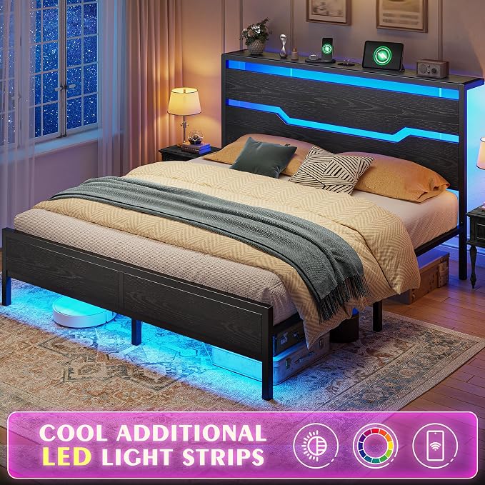 Homkdom Full Size Bed Frame with 900LBS Heavy-Duty Metal Slats,USB Ports & LED Lights,Headboard Shelf, 10.24” Underbed Storage, Noise-Free, No Box Spring Needed, Modern Black