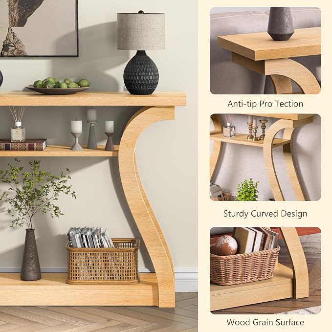 Wooden Console Table with Curved Legs and Shelf, 3-Tier Modern Accent Narrow Sofa Table for Entrance Area, Living Room, Hallway, 47 in Wide Wood Console Table for Entryway (Natural)