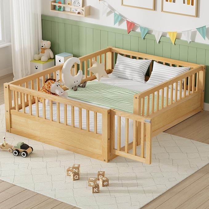 PVWIIK Full Size Floor Bed Frame with Convertible Door & Guardrails for Girls & Boys Bedroom,Montessori Bed/Near Ground Safety Design, No Box Spring Needed,Natural