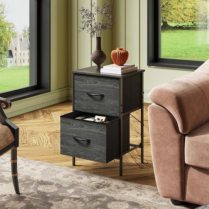 WLIVE Nightstand, Nightstand with 2 Drawers, Bedside Furniture, Night Stand, Small Dresser for Bedroom, College Dorm, End Table with Fabric Bins, Dormitory, Charcoal Black Wood Grain Print