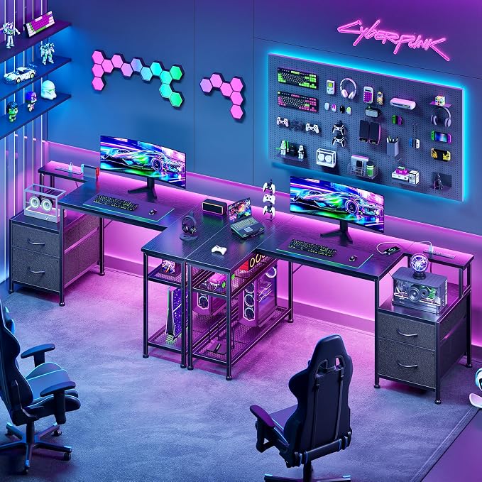 Korfile 49Inch L Shaped Gaming Desk with Power Outlets and Type-C Port, Reversible Computer Office Desk with 2 Fabric Drawers & Mesh Shelves, Corner Desk for Study Work Writing Desk, Black
