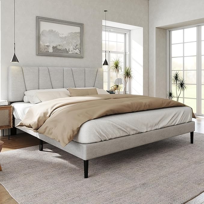 HAOARA Queen Size Bed Frame with Fabric Upholstered Headboard, Platform Bed with Wooden Slats Support, Fully Mattress Foundation, Box Spring Optional, Easy Assembly, Light Grey