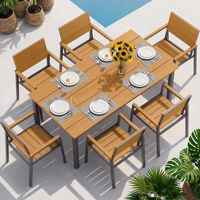 Outdoor Dining Set, Patio Table and Chairs Set with Umbrella Hole, 7 Pieces HDPS + Aluminum Patio Dining Furniture Set for Backyard, Garden (Gray & Teak)