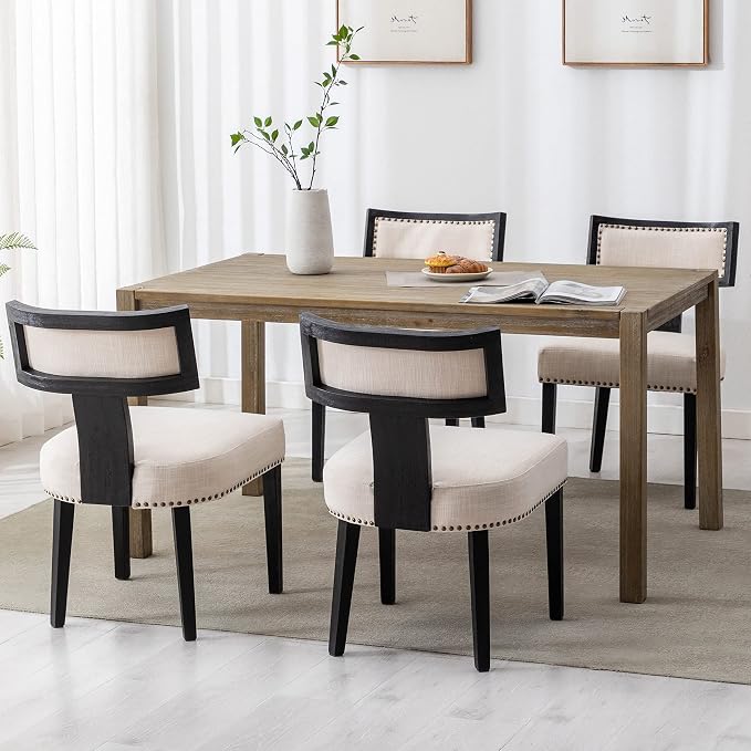 RIVOVA Mid Century Modern Dining Chairs Set of 4 Linen Fabric Upholstered Kitchen Side Chairs with Nailhead Trim, Modern Kitchen Armless Solid Wood Dining Chairs, Beige