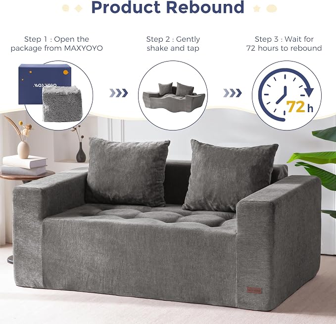 MAXYOYO Modular Sofa Couch, 61" Loveseat Boneless Cloud Couch with Deep Seat, Chenille Upholstered Living Room Comfy Sofa Chair for Living Room, No Assembly Required, Light Grey