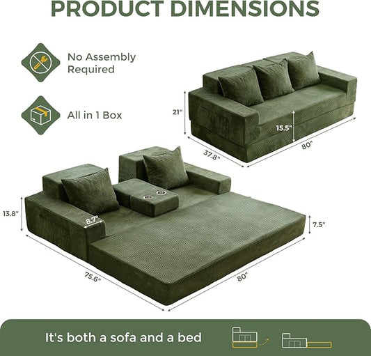 MAXYOYO Convertible Sofa Bed, 80" Oversized Boneless Loveseat Couch 4 in 1 Foldable Floor Sofa Couch in A Box with 2 Cup Holders, Folding Chair for Living Room, No Assembly Required, Green