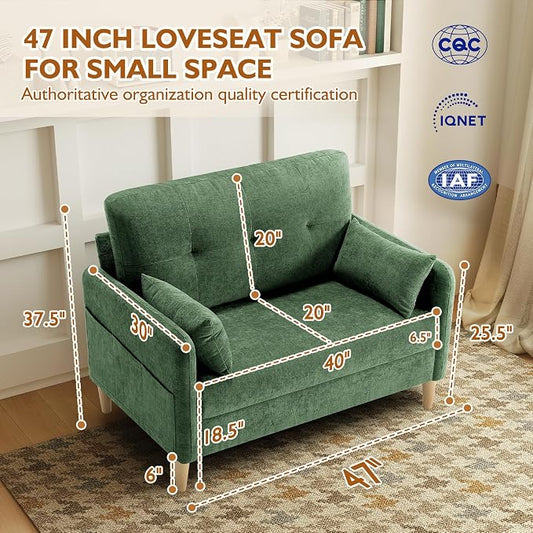 Urhanherry 47" Small Sofa Couch for Bedroom, Soft Chenille loveseat Mini Couch with Throw Pillow and Removable Cushion Cover for Small Spaces, Living Room, Apartment, Dorm, Office(Green)