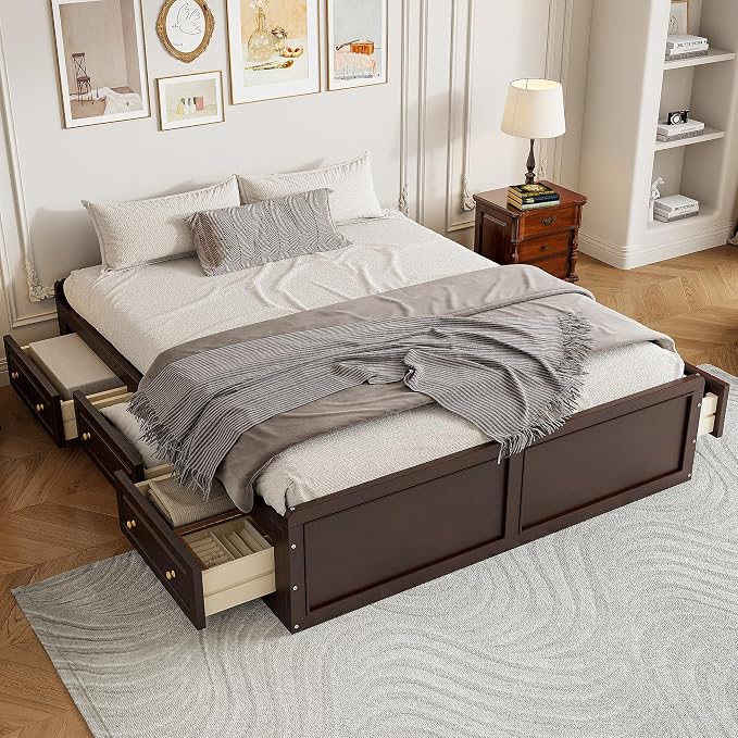 Merax Wood Queen Size Platform Bed Frame with 6 Drawers, Storage Bed Frame Without Headboard for Kids Teens and Adults, Espresso